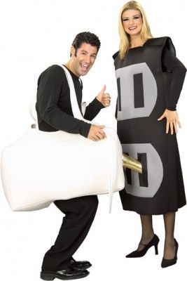 The plug and outlet is as awkward as it is nerdy. This couple Halloween costume makes us wonder if it's this awkward in the bedroom. 